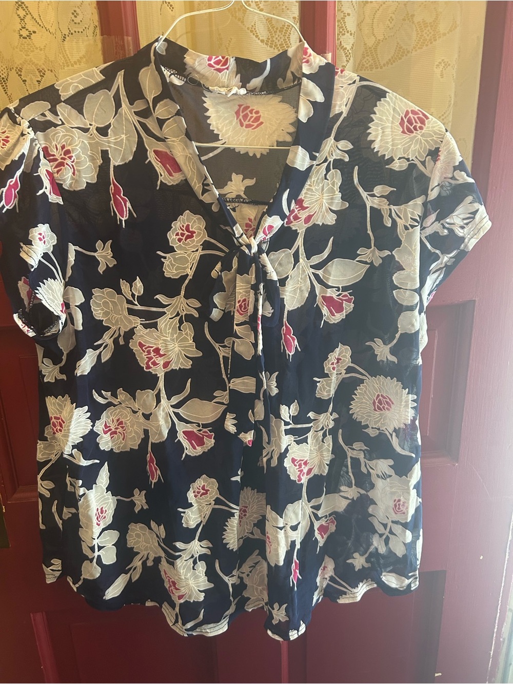Siren Lily Navy Floral Tie-Front Blouse with Cream and Rose Accents
